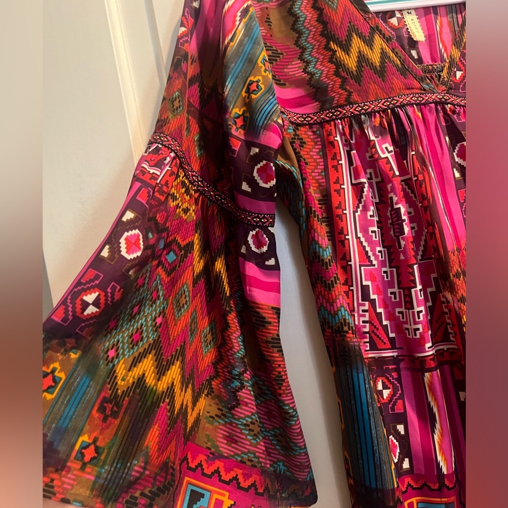 Uncle Frank Multicolor Boho Long Sleeve Dress - Pink, Red, Teal, Yellow - Picture 3 of 7